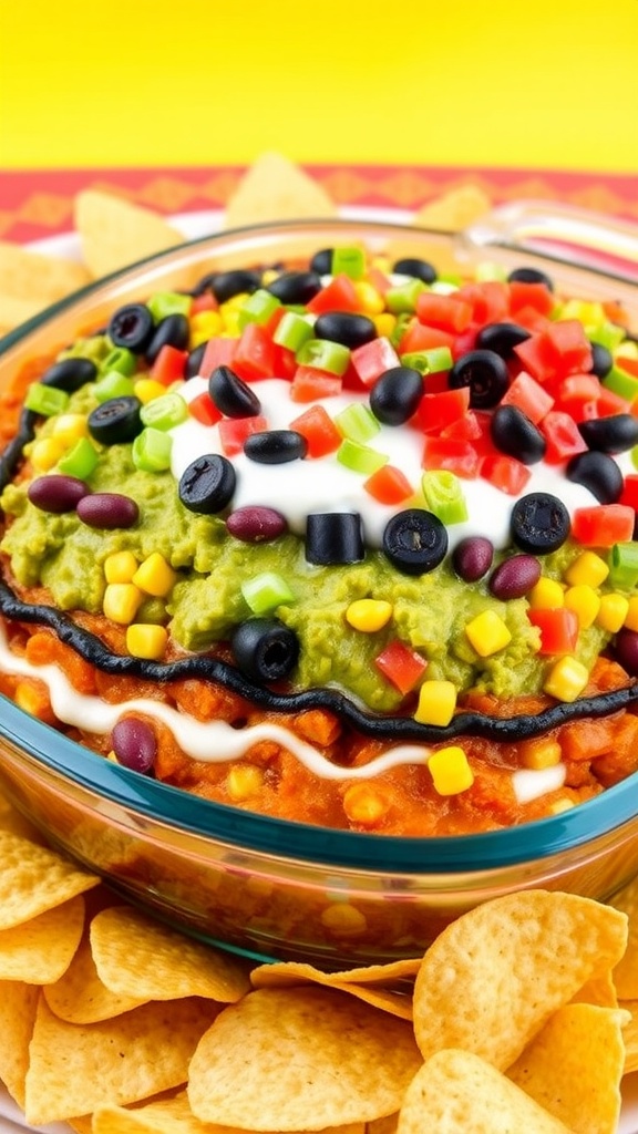 Vegan 7-layer taco dip in a clear dish with layers of beans, guacamole, sour cream, salsa, toppings, served with tortilla chips.